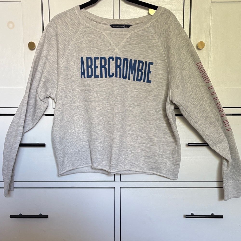 Abercrombie & Fitch Light Gray Crew Neck Sweater with Blue Logo